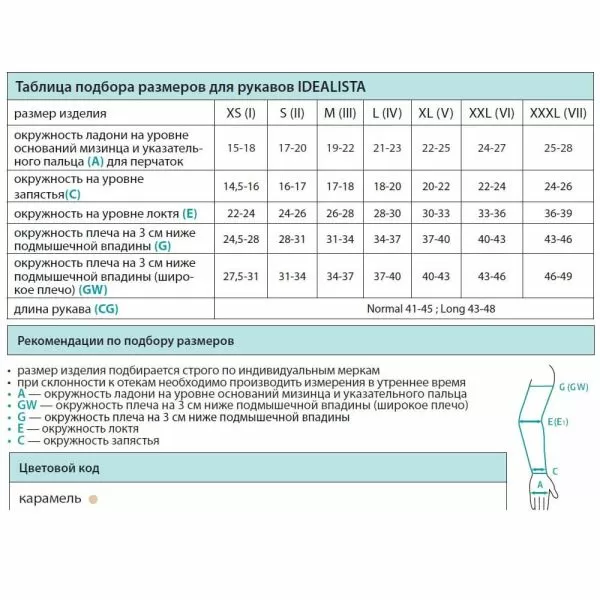 Рукав компрессионный, плоская вязка IDEALISTA ID-403W 2 класс компрессии на широкое плечо цвет карамель